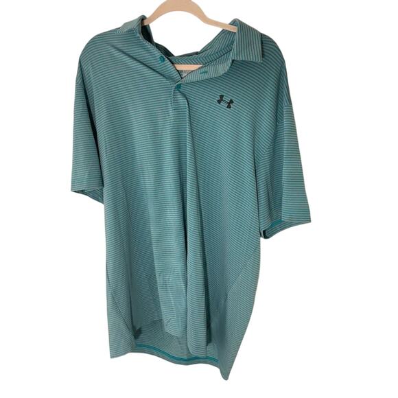 Men's Under Armour Teal Stripe 2XL Button Golf Tech Polo Country Club Preppy - Picture 1 of 5